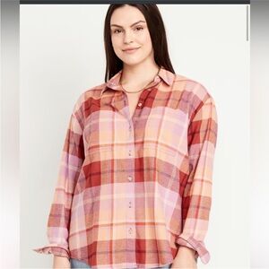 NWT Old Navy “The Boyfriend Shirt” Plaid Button-Down Shirt - Pink and Orange